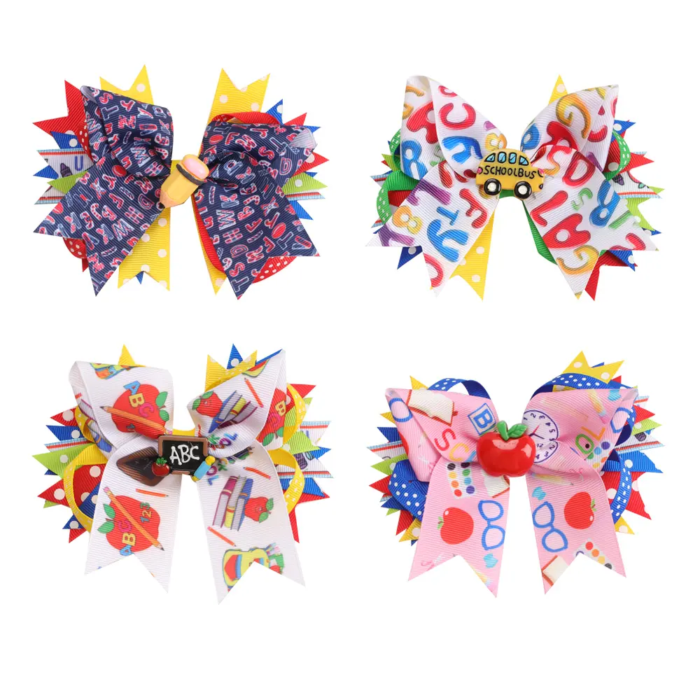 2023 Supplier Hair Clips Printed Ribbon Bows For Girls Kids Hairpins Princess Hair Accessories Back To School Hair Bows