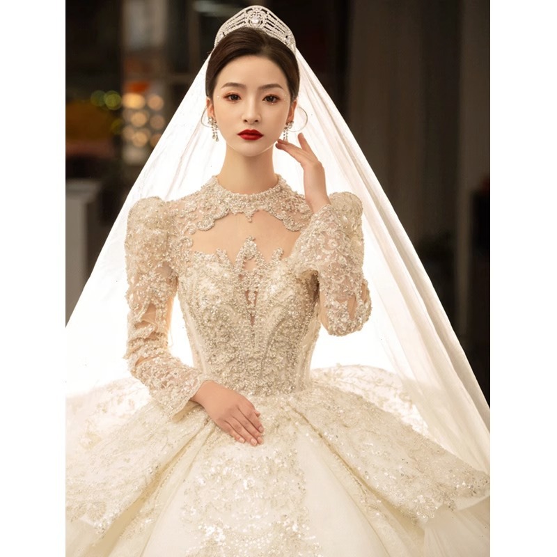 Wedding Dress for Large Size Pregnant Woman Retro Senior Sense Long Sleeve  New Bride's Main Yarn Trailing Chapel Train Plus Size| Alibaba.com