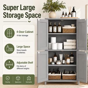 Armoire de rangement de salle de bain SENYU moderne grise, 4 portes, étagères réglables, unité autoportante avec poignées métalliques - Product Image 2
