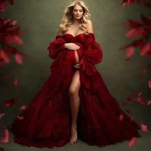 Abito Premaman <span class=keywords><strong>Lungo</strong></span> in <span class=keywords><strong>Tulle</strong></span> di Alta Qualità <span class=keywords><strong>con</strong></span> Pancia Scoperta, Spalle Scoperte e Maniche Corte a Sbuffo per Servizi Fotografici - Product Image 6