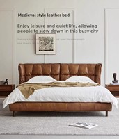 Lit double moderne rétro de 1,8 m, style vintage, cuir véritable ciré à l'huile, bois, lit en cuir souple à point de tirage pour chambre principale