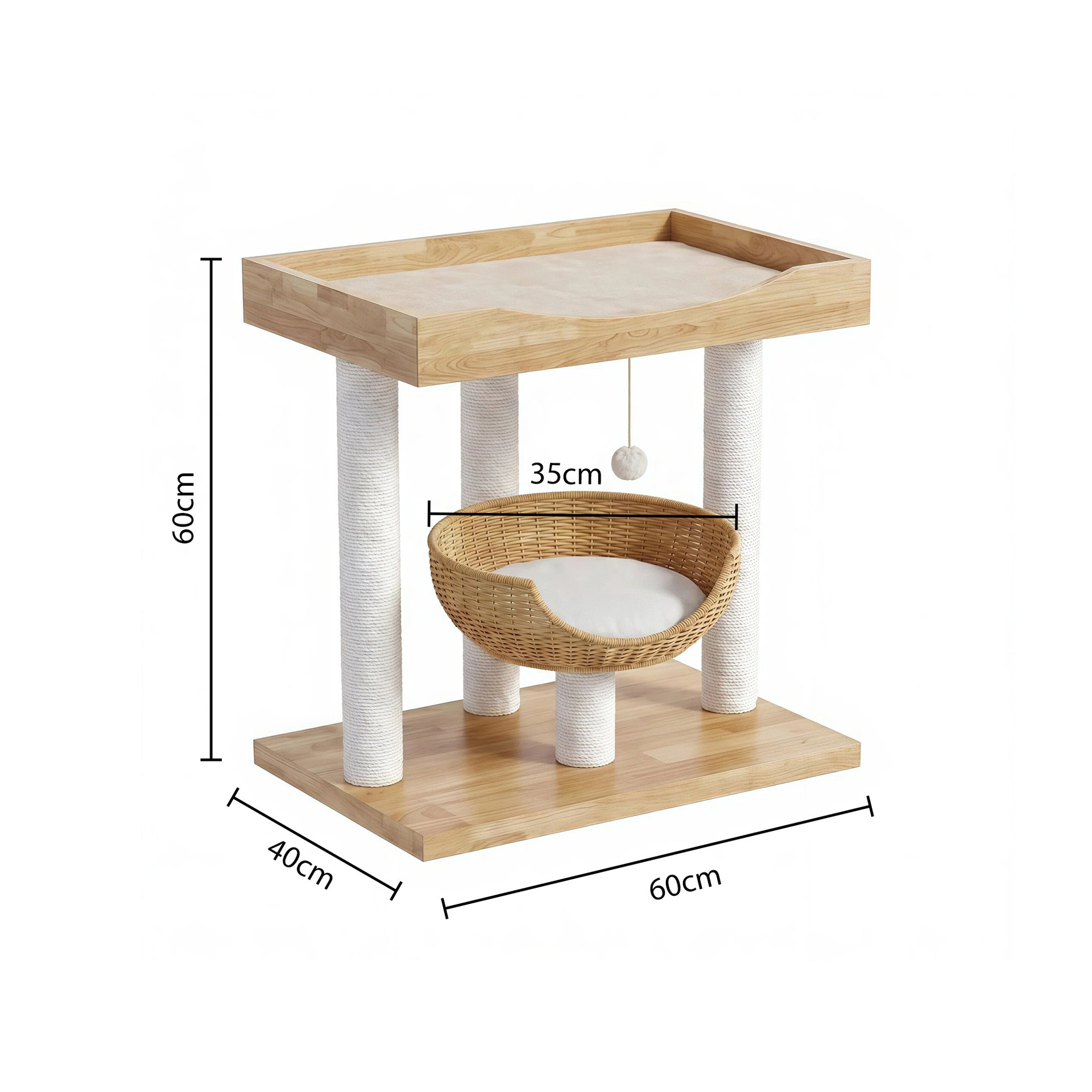 Panier pour chat en bois massif avec double planche en rotin [et grand matelas]