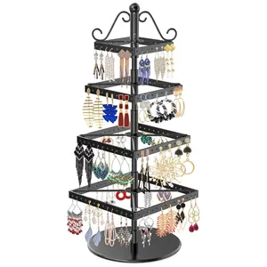 4 Tiers Rotating Earring Organizer Holder Metal Jewelry Tree Jewellery Tower Necklace Display Stand Long Earring Storage Rack