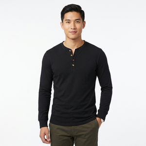 Desmiope <b>Men's</b> Long Sleeve <b>Henley</b> T-Shirt Slim Fit Solid Black Cotton Knitted Casual O-Neck <b>Top</b> - Product Image 2