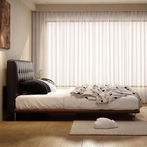 Black Waffle Leather Bed Traditional Chinese Style Solid Wood <b>Double</b> Bed Light Luxury, Modern Simple Ultra-thin Headboard - Product Image 3