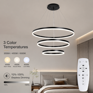 Lustre moderne à trois anneaux en aluminium et acrylique, LED à intensité variable avec télécommande, pour salle à manger, salon, chambre à coucher - Product Image 4