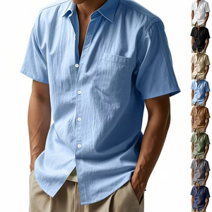 Chemise en lin à manches courtes pour homme, couleur unie, décontractée, respirante, avec poche à revers, coupe ample, style américain, été - Product Image 5