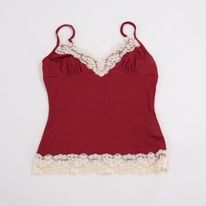Camisole à col en V avec bordure en dentelle pour femme, débardeur à bretelles spaghetti avec coupe ajustée, haut superposé de style français doux et sexy - Product Image 2