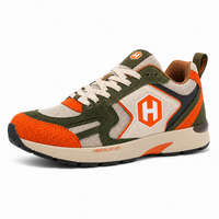 Chaussures de randonnée décontractées rétro pour l'extérieur, en daim vert olive avec empeigne en maille, embout en nid d'abeille orange, à lacets, respirantes