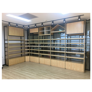 Wooden pharmacy display rack Metal gondola shelving design for store