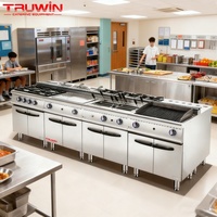 Truwin Cuisinière à gaz GPL autoportante 6 brûleurs en acier inoxydable Lave Rock Grill Four 1500W 10L Capacité Restaurant