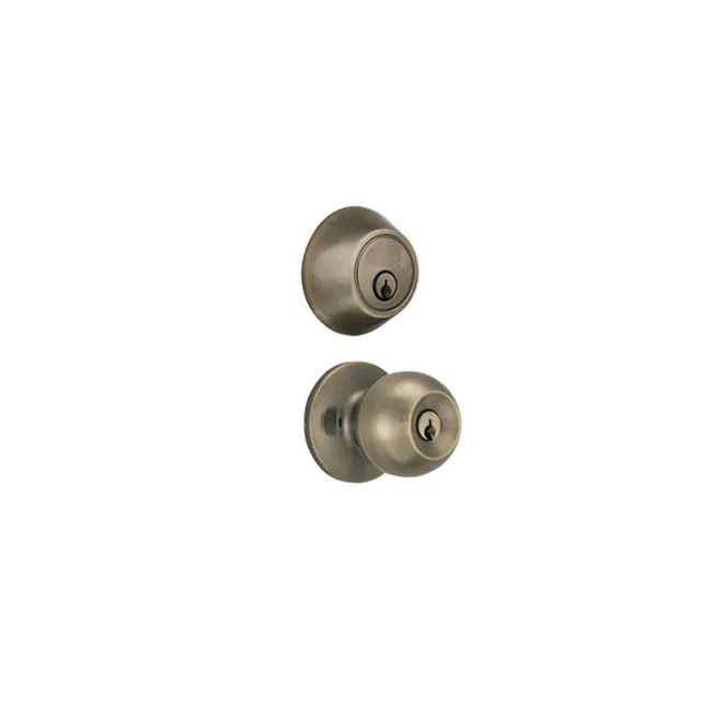 High Quality Stainless Steel Keyed Entry Ball Style Doorknob and Single Deadbolt Combo Antique Brass Finish Twin Pack