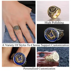 Past Master Masonic Signet แหวนสแตนเลสผู้ชาย,แหวนอิฐชุบทองสำหรับงานแต่งงานชิงแชมป์ราคาถูก