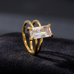 AMBER JEWELS 18K Gold Plated Oval Cubic Zirconia Prong Setting Double Band Open Minimalist IGI Certified Unisex <b>Ring</b> - Product Image 1