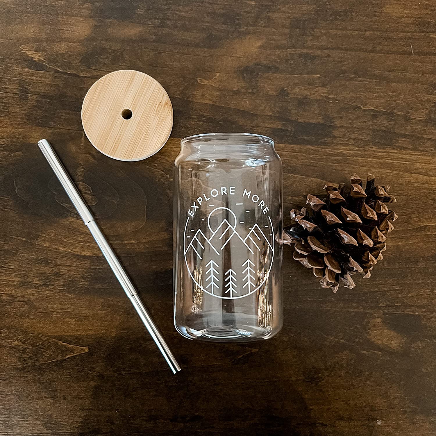 Iced Coffeewith Bamboo Lid and Straw | 16oz Beer  Camping Cup | Can Shaped Glass