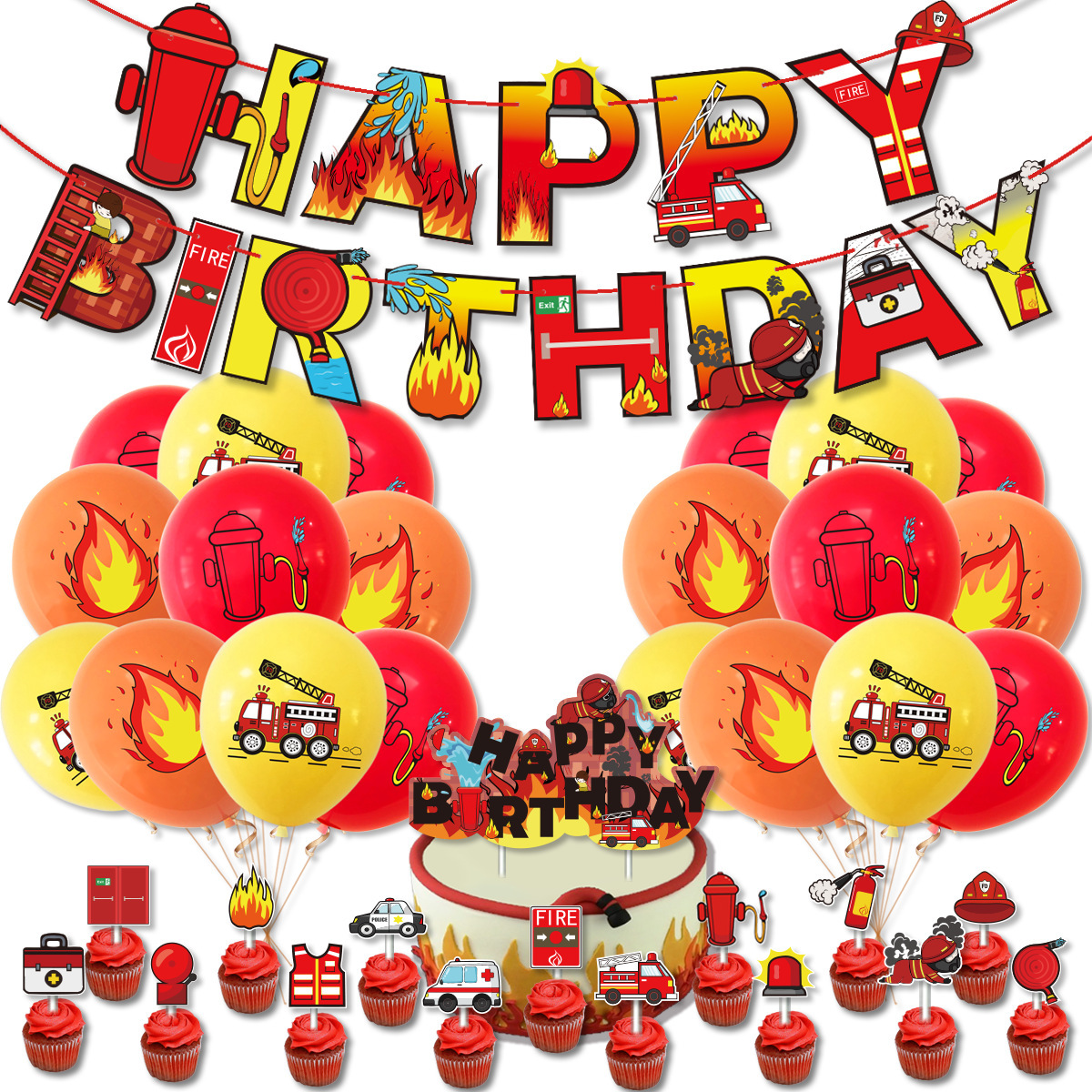 Kit Déco Anniversaire Pompier 32 Pièces – Ballons Camion, Bannière, Numéros – Fête Garçon 2 Ans – Complet Et Facile