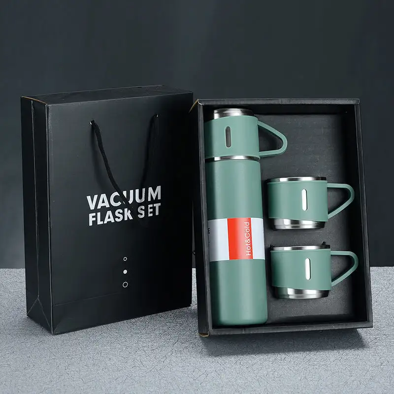 Benutzer definiertes Logo Doppelwandige Edelstahl-Vakuum flasche Thermoskanne Thermo becher Geschenkset Isolierte Wasser flasche mit 3 Deckeln