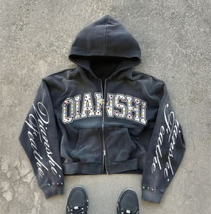 Sun Faded streetwear sweat à capuche lourd printemps personnalisé imprimé double zip sweat à capuche lavage à l'acide strass sweat à capuche zippé pour hommes - Product Image 1