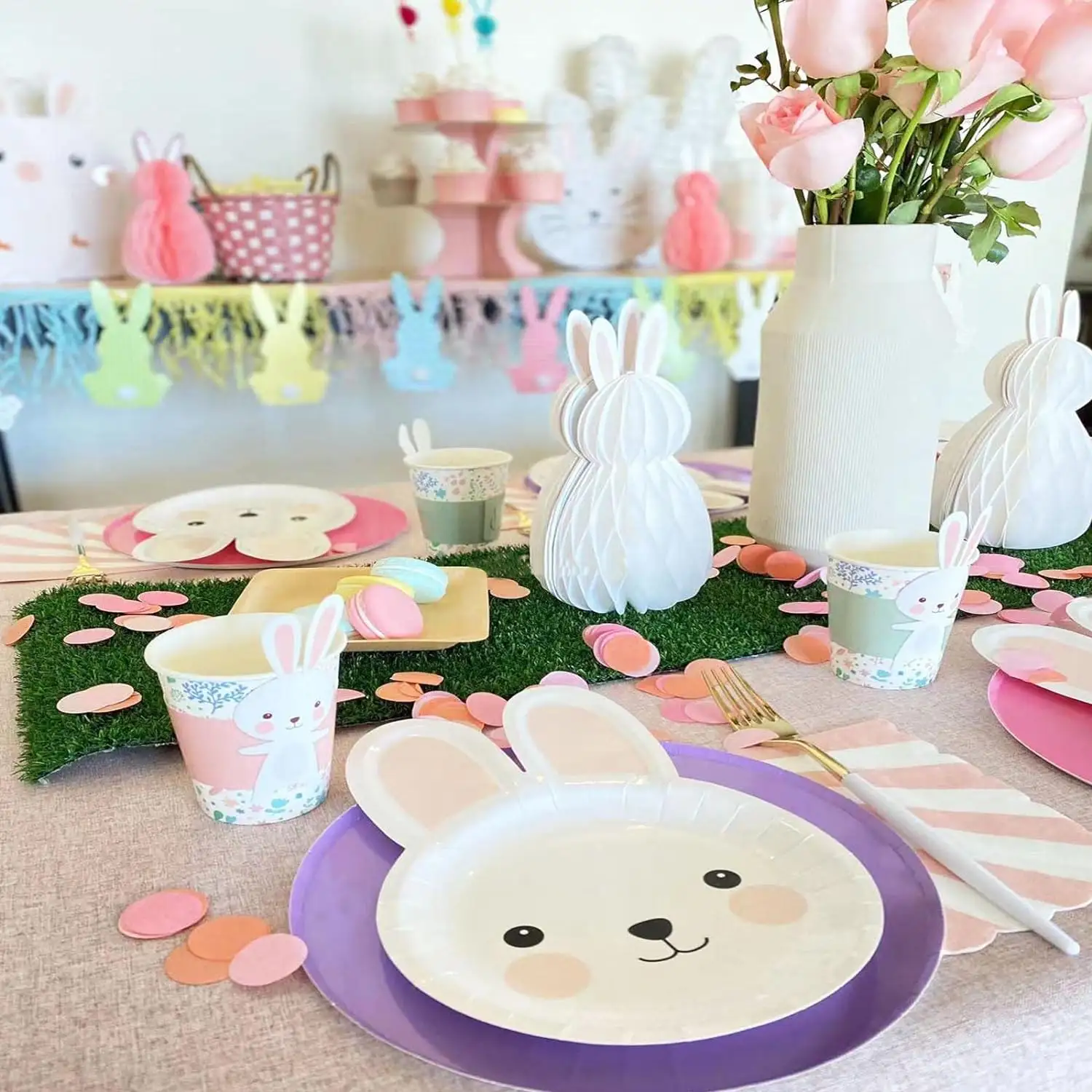 Set Dekorasi Kelinci Paskah, perlengkapan makan pesta liburan tema Festival 9Oz cangkir kertas pola kelinci untuk meja