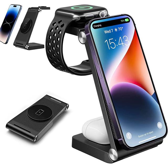Foldable 3 in 1 Wireless Charging Stand Charging Station for Smartphone Smart Watch and Earbuds Portable Travel