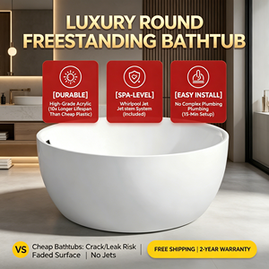 Vasca <span class=keywords><strong>da</strong></span> Bagno Rotonda Freestanding Classica Profonda <span class=keywords><strong>in</strong></span> Acrilico Bianco Lucido con Scarico Centrale, Senza Troppopieno, per Progetti Alberghieri - Product Image 5