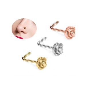 Nuovo Design Piercing Gioiello da Naso in Acciaio Chirurgico Inossidabile 316L Pin a L per Narice e Setto a Forma di Fiore di Rosa - Product Image 1
