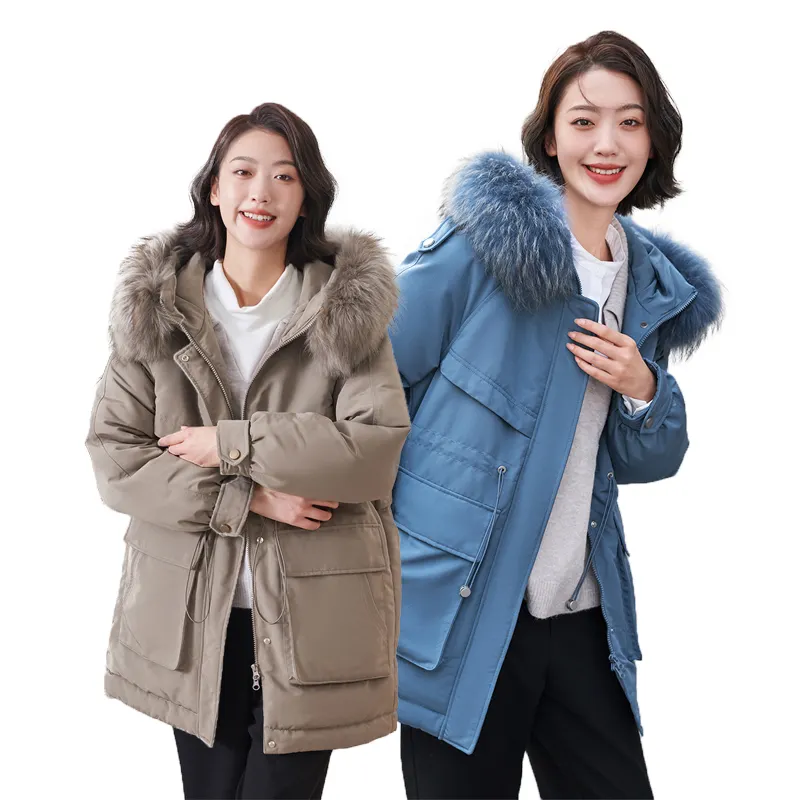 Custom women parka hooded zipper down jacket down coat with fur hood quilted woman female winter coats