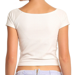 Débardeur court côtelé pour femme, blanc, col rond, manches courtes, respirant, mélange coton et élasthanne, coupe ajustée, décontracté, pour l'été et le quotidien - Product Image 3