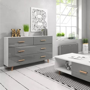 خزانة أدراج عصرية بالجملة لغرفة المعيشة وغرفة النوم، خزانة تزيين خشبية رمادية لامعة بأربعة أدراج ومقابض - Product Image 2