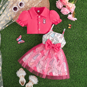 Ensemble de vêtements d'été deux pièces pour bébés filles, style actif, design élégant et décontracté, manches bouffantes, broderie, motif lapin imprimé - Product Image 1