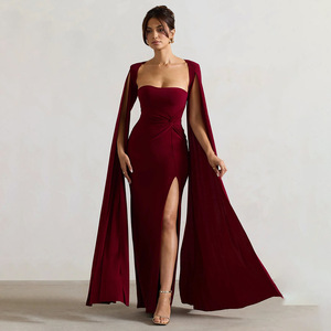 Robe de soirée longue à col carré, manches longues, fente haute, couleur unie, avec cape détachable - Product Image 2