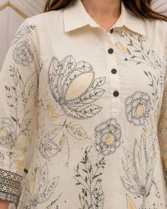 Conjunto Coordinado de Algodón Mul Mul, Cuello con Solapa, Suave, Transpirable, Ligero, Dos Piezas, Elegante, Casual, para Mujer, Todas las Temporadas, Cómodo, Diario - Product Image 4
