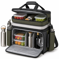 Sac isotherme de pique-nique double compartiment gris-vert avec poches à couverts et porte-bouteille pour repas en famille en extérieur