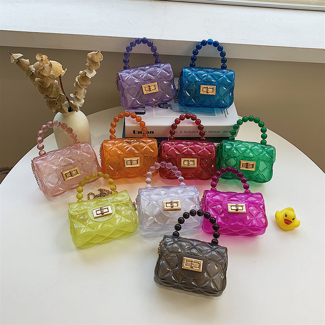 Fashion Candy Color Kids Jelly Purse Pearl Handle Transparent Mini PVC Women Shoulder Bag Jelly Handbag for Ladies Girls