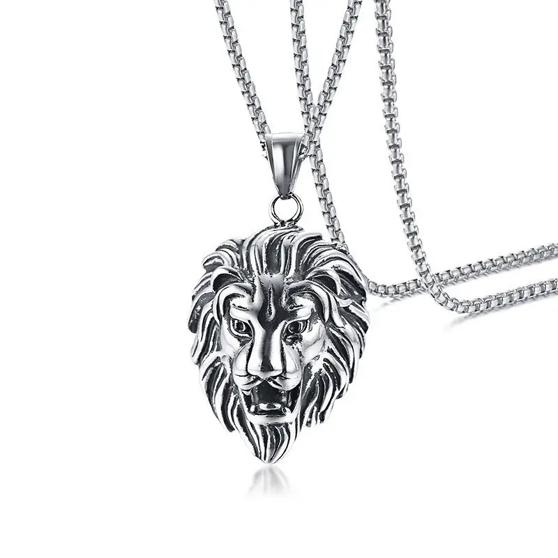 new punk style fashion vintage lion head pendants for necklace with stainless steel chain