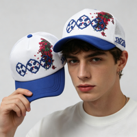Gorra Trucker de Malla de 5 Paneles Personalizada con Estampado Floral Digital, Bordado 3D en Relieve, Visera de Dos Colores y Espuma, Estilo Y2K para Exteriores