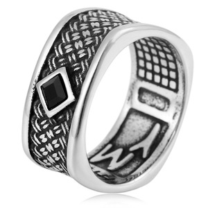 yunnique <b>Men's</b> Silver Bamboo Weave <b>Ring</b> With <b>Black</b> Stone Geometric Design Gift Jewelry - Product Image 1