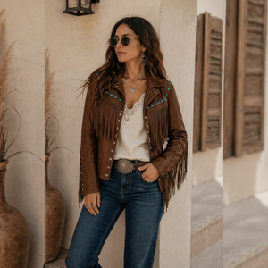 Chaqueta de Motociclista de Cuero Genuino Marrón para Mujer, Marca Fazmax, con Flecos, Cuello Camisero, Cierre de Cremallera, Manga Larga, Estilo Occidental, para Otoño - Product Image 1
