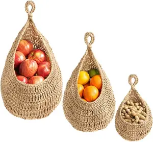 Boho Jute Hanging Basket - Wicker Hanging Fruit Basket For Fresh Produce Storage - Handmade Kitchen Pantry Organizer 3 Size Pack