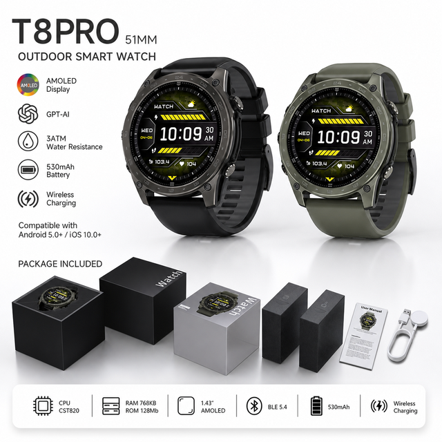 T8 Pro Smart Watch 1.43inch Amoled Screen Fitness Tracker 5ATM Waterproof Heart Rate Sports Relojes Smartwatch for Men