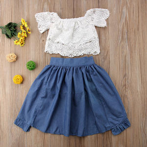Bambini di modo di estate della ragazza del vestito off spalla del merletto bianco tops + <span class=keywords><strong>shorts</strong></span> in denim ruffles pannello esterno dell'arco vestito a tre pezzi - Product Image 3