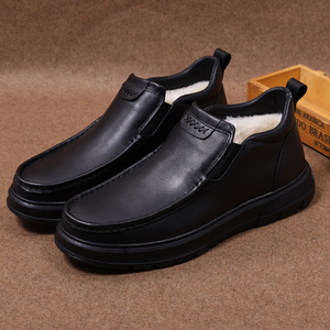 Mocassins pour hommes en cuir véritable, bout rond, à enfiler, doublure en peluche pour l'hiver, semelle extérieure en caoutchouc amorti, semelle intermédiaire en EVA - Product Image 1
