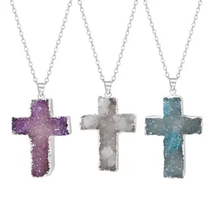 Natural Crystal Cross Shape Druzy Stone Pendant Necklace with Silver Edge for Women Men Chakra Charms Christian Gift