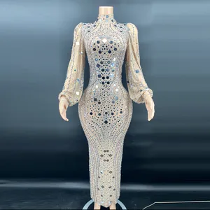 NOVANCE Y2383 2022 Summer Sparkly Rhinestone Crystal Tunic Dresses White Long Dress Sleeve Elegant Wedding Fancy Long Dress