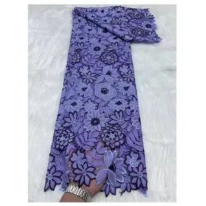Venta directa cordón tela de encaje guipur africano con diamantes de imitación Mixcolor Floral vestido de mujer