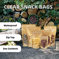 Sacs d'emballage transparents pour en-cas, noix, haricots, plusieurs tailles, classiques, durables, papier kraft d'un côté, fermeture éclair, pochettes debout pour aliments