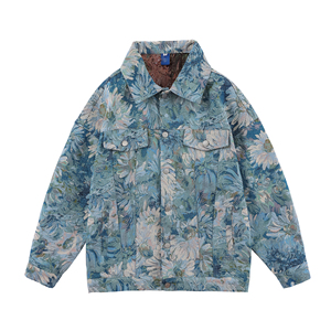 <span class=keywords><strong>Veste</strong></span> <span class=keywords><strong>en</strong></span> toile de style japonais vintage à motifs floraux pour homme, nouvelle collection automne, coupe ample décontractée <span class=keywords><strong>en</strong></span> denim avec motif jacquard teint et enduit - Product Image 1