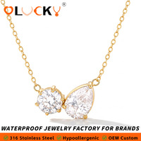 Collier pendentif double CZ en acier inoxydable plaqué or 18 carats LUCKYJIU, coupe poire et ronde, bijoux étanches pour femmes, vente en gros