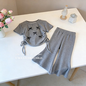 Conjunto de Verano 2026 para Niñas, Moderno, con Lazo - Pantalones Cortos Acampanados - Conjunto de Dos Piezas, Top de Manga Corta Dulce y Lindo - Product Image 3
