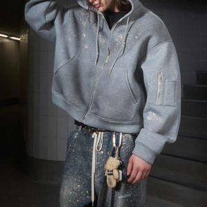 Sudadera con capucha pesada para hombre, estilo distressed, con cremallera, pedrería y corte holgado, de fabricante - Product Image 3